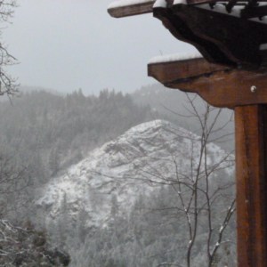 View of snow-covered hills from the kitchen window.